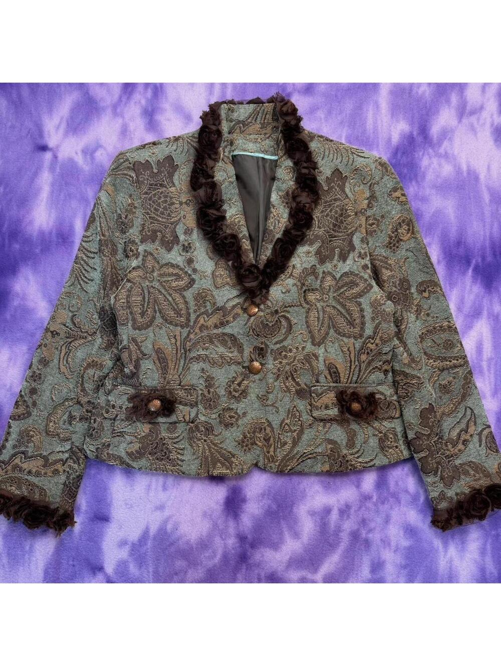 Green & brown paisley tapestry blazer with ruffled collar cuffs and buttons